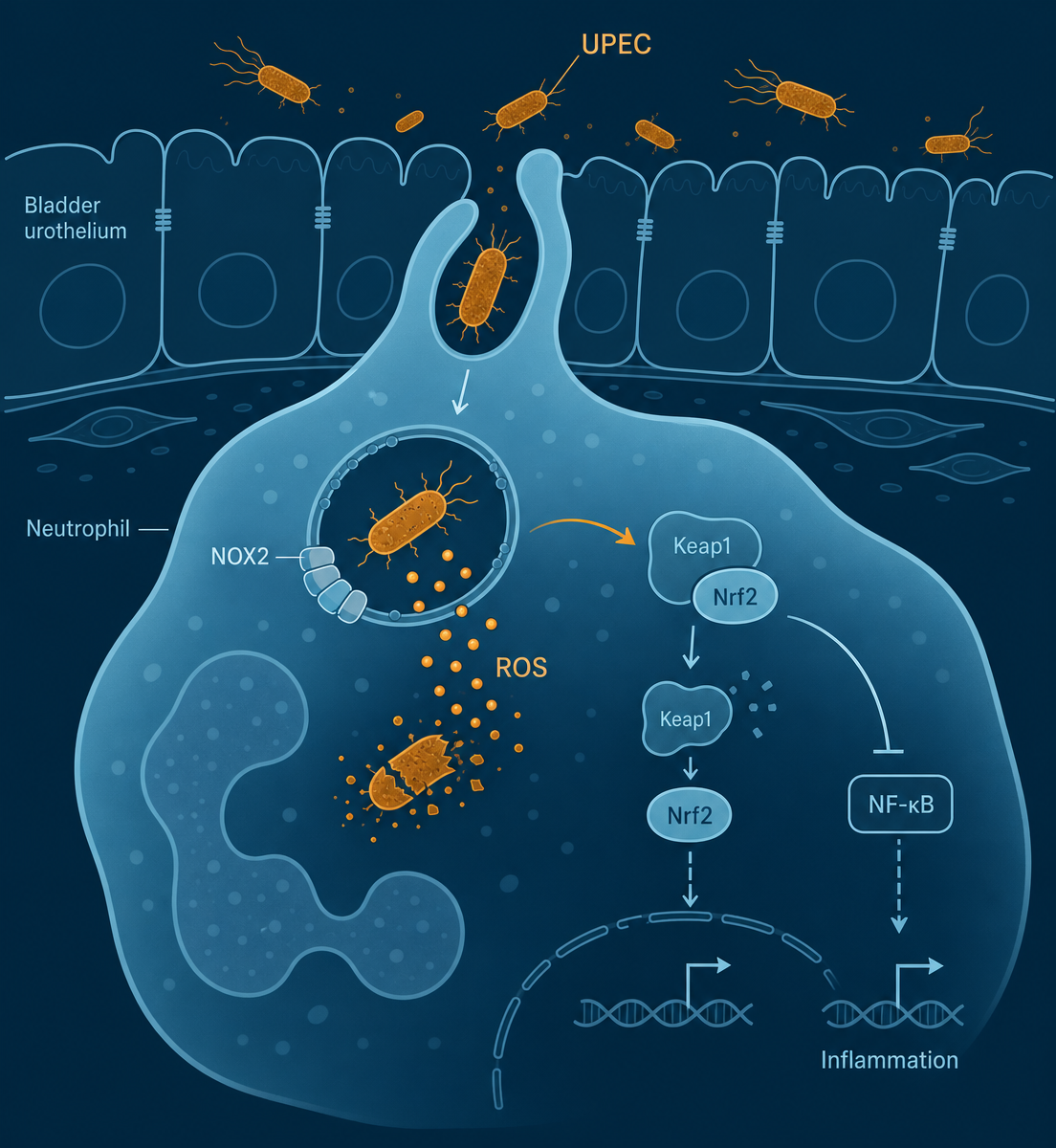 Schematic of a neutrophil phagocytosing uropathogenic E. coli, with NOX2-derived ROS killing bacteria and Nrf2 release limiting NF-κB-driven inflammation